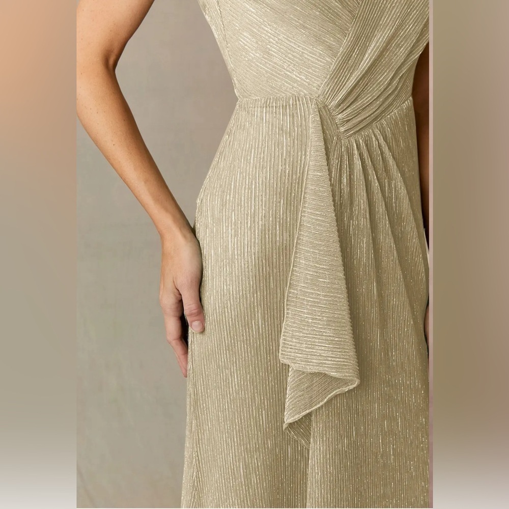 NWT- UPSTUDIO TUSCON Champagne A-Line VNeck Ruched Metallic Mesh Dress SIZE- A18 - Picture 5 of 14